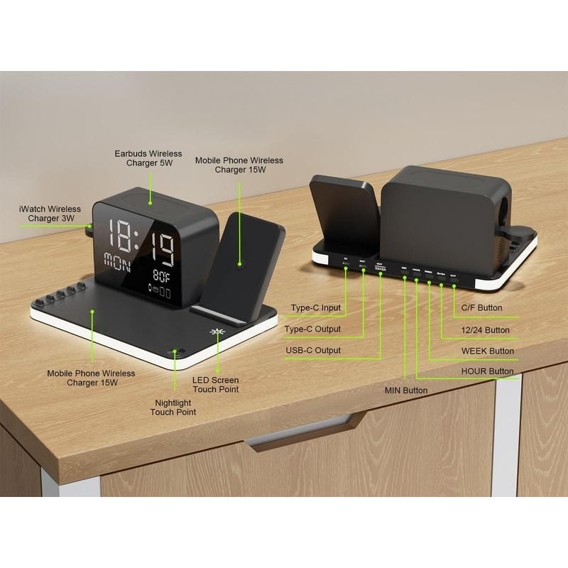 7 in 1 Wireless Charging Station with LED Night Light (Black)