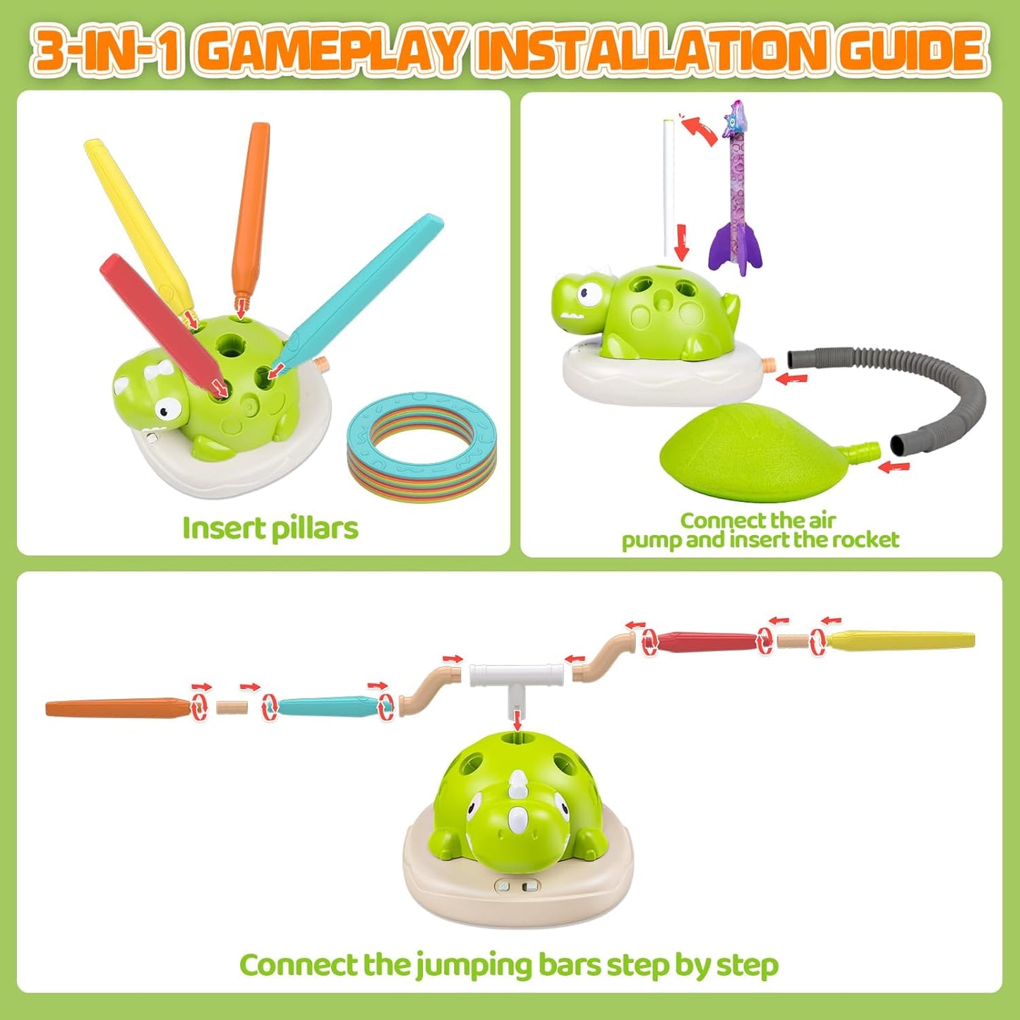 3 in 1 Dinosaur Musical Jumping, Ring Toss and Rocket Launcher, Kids Toy