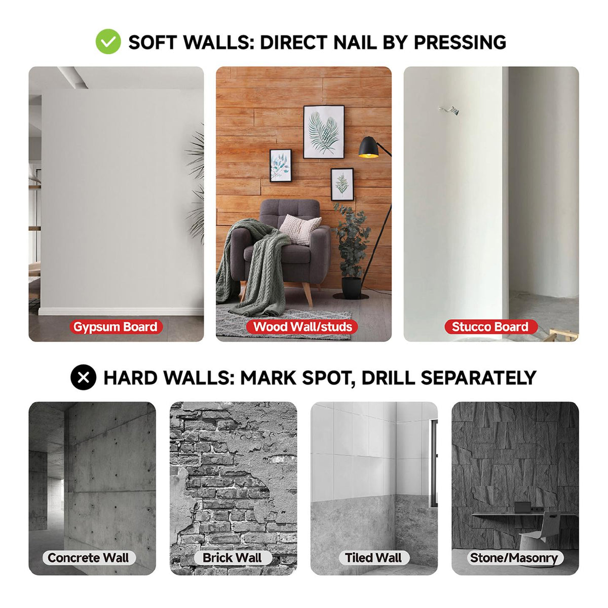 Works on soft walls; mark and drill on hard walls