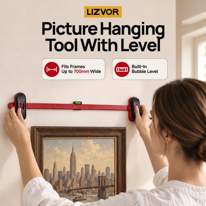 Picture hanging tool with level in use