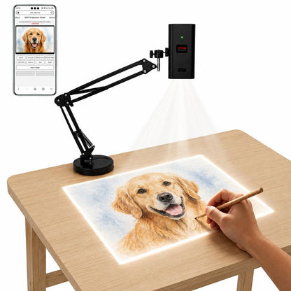 EasyTrace art projector on its arm projecting a dog portrait for tracing