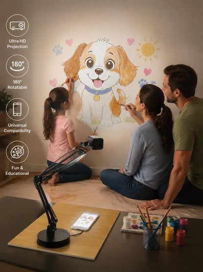 Family painting a wall mural with the projector
