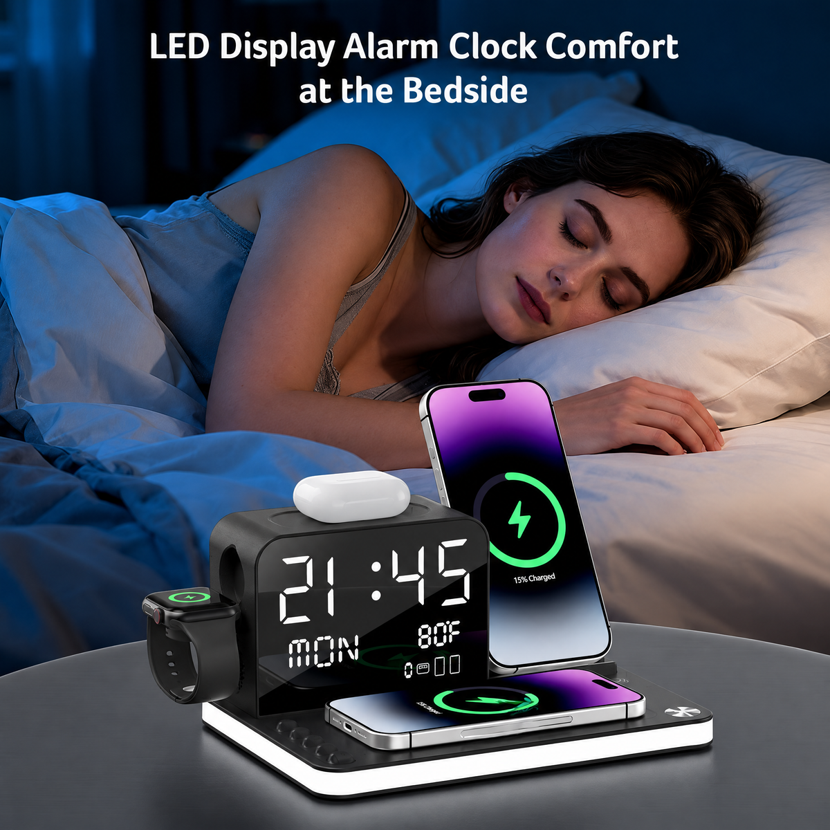7 in 1 Wireless Charging Station with LED Night Light (Black)