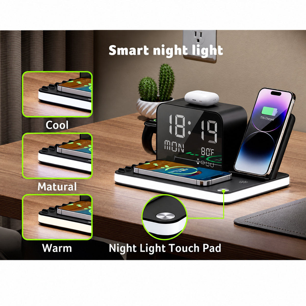 7 in 1 Wireless Charging Station with LED Night Light (Black)
