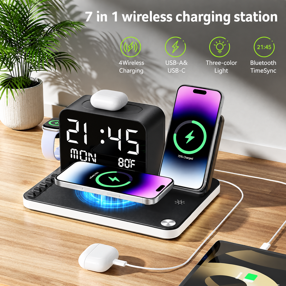 7 in 1 Wireless Charging Station with LED Night Light (Black)