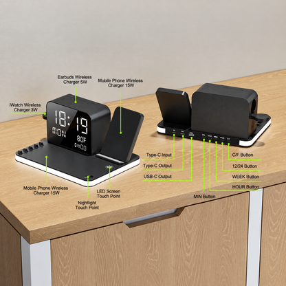 7 in 1 Wireless Charging Station with LED Night Light (Black)