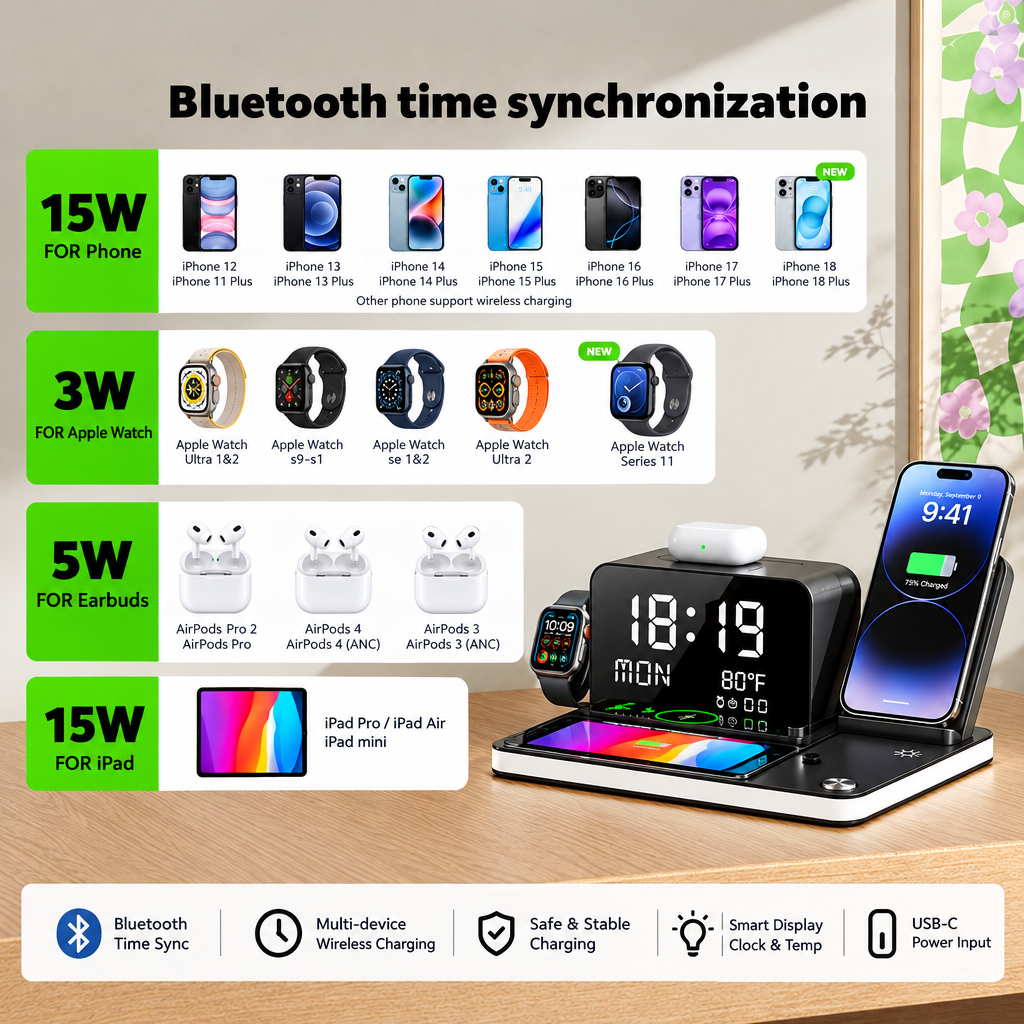 7 in 1 Wireless Charging Station with LED Night Light (Black)