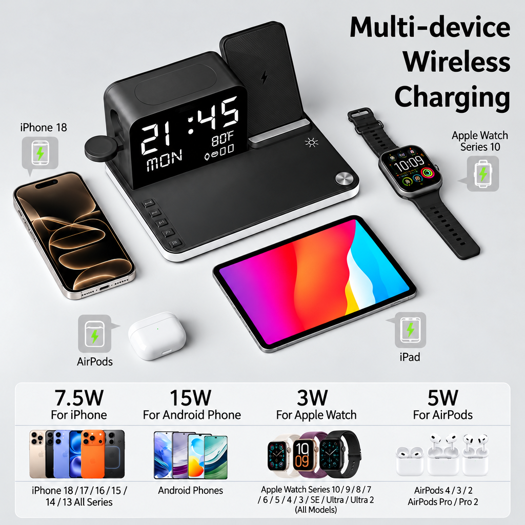 7 in 1 Wireless Charging Station with LED Night Light (Black)