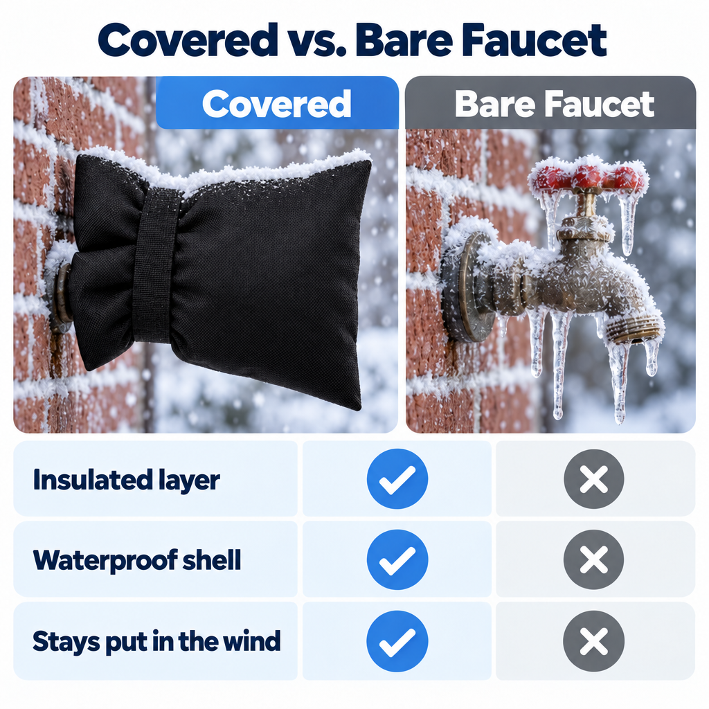 SpigotSnug Outdoor Faucet Cover - Covered vs bare