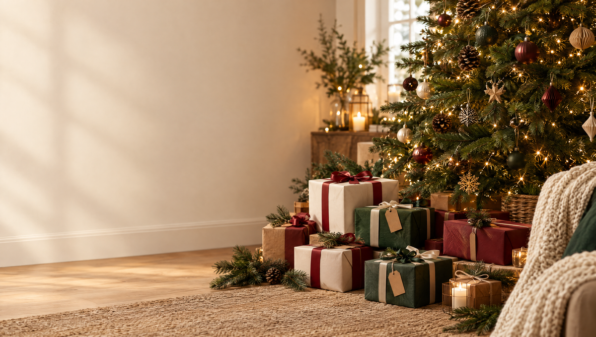 Wrapped gifts under a lit Christmas tree